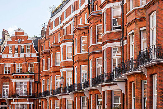 排,房子,红砖,建筑,维多利亚风格,地区,肯辛顿,伦敦,英国,欧洲
