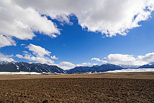 新疆,蓝天,白云,雪山,民居