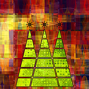 艺术,三个,圣诞树,绿色,黄金,彩色,抽象图案,几何图形,背景,红色,紫色,褐色