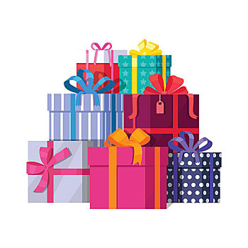 堆,彩色,包装,礼盒,大,山,礼物,漂亮,盒子,压制,蝴蝶结,象征,圣诞礼物,隔绝,矢量,插画