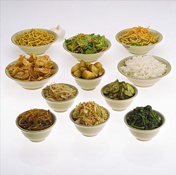许多,碗,种类,亚洲,餐具,白色背景