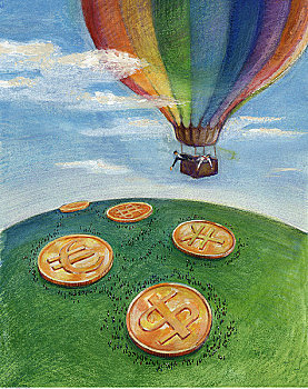 插画,商务人士,热气球,飞跃,硬币,国际货币