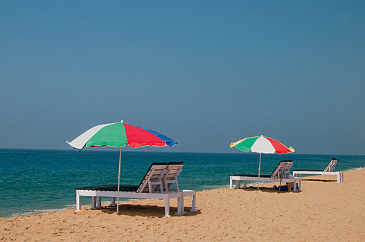 沙滩椅,伞,印度洋,喀拉拉,印度,亚洲