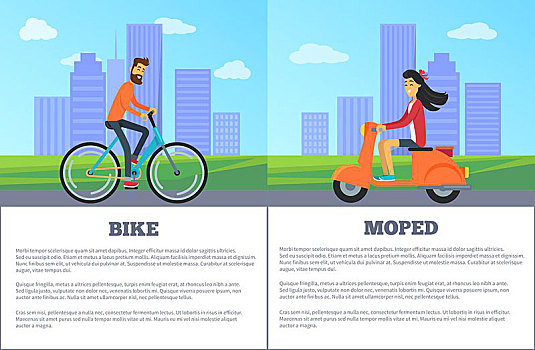 摩托车,对比,矢量,插画,两个,运输,骑自行车,女孩,城市,背景
