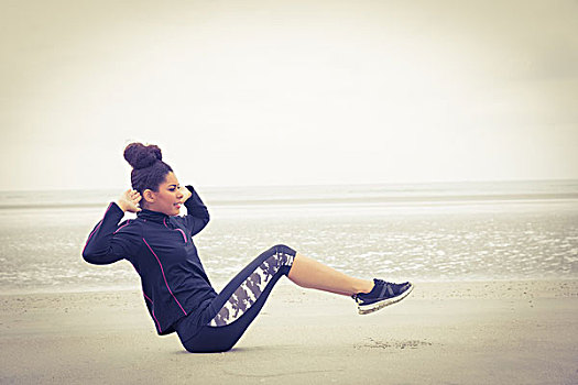 健身,女孩,锻炼,寒冷,白天,海滩