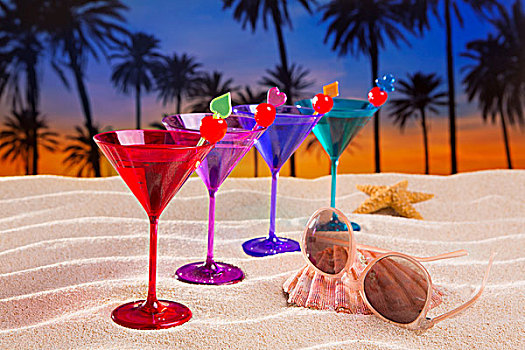 彩色,鸡尾酒,排列,樱桃,沙滩,海滩,棕榈树,日落