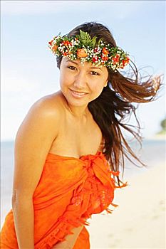 夏威夷,女孩,穿,橙色,沙滩裙,花