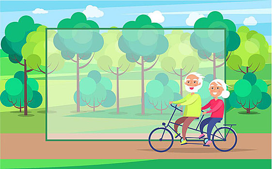 高兴,夫妻,骑,一起,自行车,背景,绿色,树,公园,矢量,文字,退休