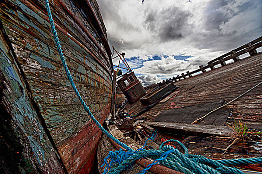 蓝色,绳索,系,老,风化,木船,木质,码头,塞勒姆,茂尔岛,苏格兰