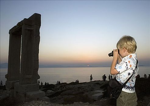 男孩,双筒望远镜,希腊,游客,背景