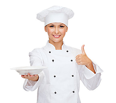 烹调,概念,微笑,女性,厨师,烹饪,做糕点,空,盘子,展示,竖大拇指