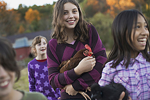 四个孩子,群体,两个女孩,拿着,鸡,农舍,山坡,树,光亮,太阳