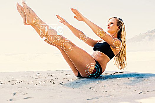 健身,金发,腹部,平衡,姿势,海滩