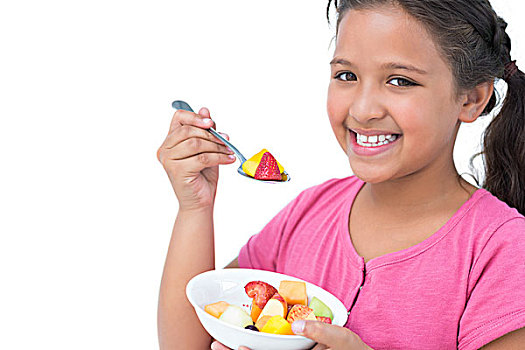 微笑,小女孩,吃,水果沙拉