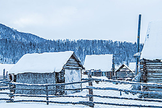 冬日,雪景,山,木屋,乡村