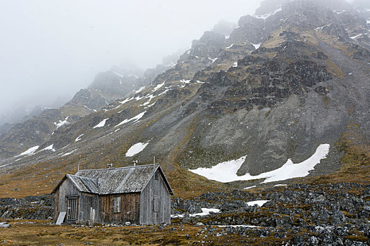 小屋,山景,湾,斯匹次卑尔根岛,斯瓦尔巴特群岛,挪威