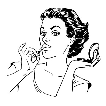 早晨,化妆,女孩,口红,镜子,粉末