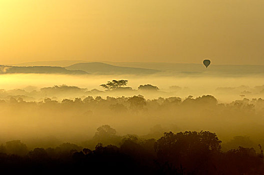 热气,气球,上方,模糊,日出,马赛马拉,肯尼亚,非洲