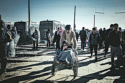 老太太,轮椅,边界,栅栏,难民,露营,马其顿,希腊,欧洲