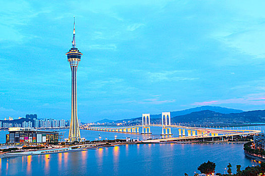 城市風(fēng)光,澳門,著名,旅行,塔,藍(lán)天,靠近,河