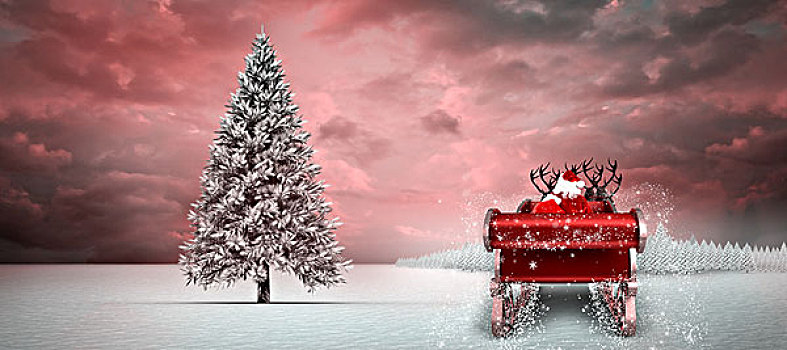 合成效果,图像,圣诞老人,飞,雪撬,冷杉,雪景