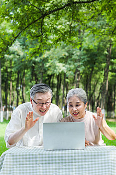 老年夫妇在户外使用电脑视频聊天