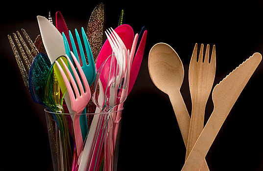 一次性用品,木质,餐具,再循环,塑料制品,刀,叉子,勺子,垃圾,多样,彩色