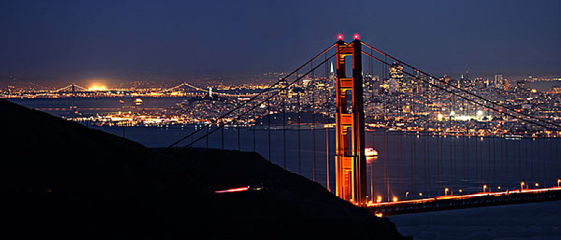 美国,加利福尼亚,金门大桥,夜晚,旧金山,远景,大幅,尺寸