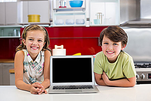 微笑,兄弟姐妹,笔记本电脑,操作台,厨房,头像,在家