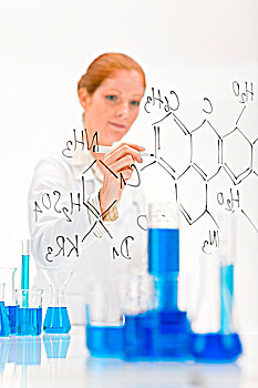 女人,科学家,实验室,书写,化学式,试管,烧杯