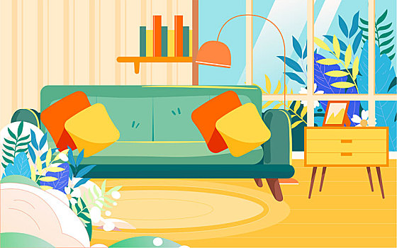 室内客厅沙发一家人居家隔离插画宅家海报