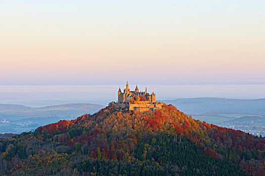 城堡,早晨,亮光,晨雾,巴登符腾堡,德国,欧洲