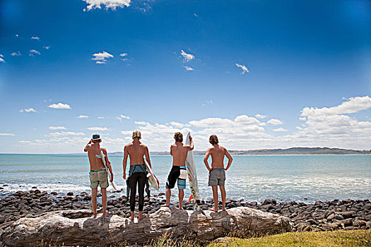 四个,男青年,冲浪,朋友,看,海洋,石头