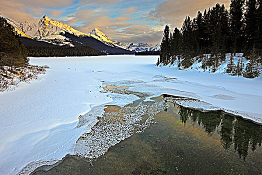 冰冻,河,玛琳湖,冬天,景色,雪山,顶峰,加拿大,落基山脉,艾伯塔省