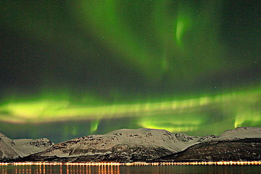 北极光,反射,冰,海洋,围绕,雪,顶峰,阿尔卑斯山,挪威,欧洲