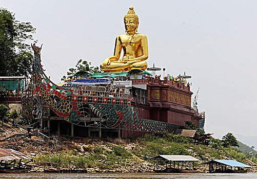 金色,佛,雕塑,船,湄公河,河,清莱,泰国,亚洲