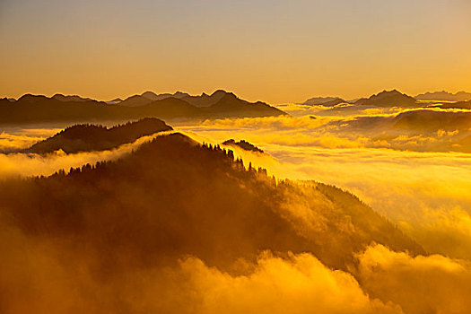 日出,山,云量,正面,巴伐利亚,上巴伐利亚,德国,欧洲