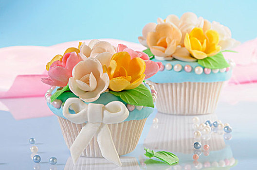 杯形蛋糕,装饰,杏仁蛋白软糖,花