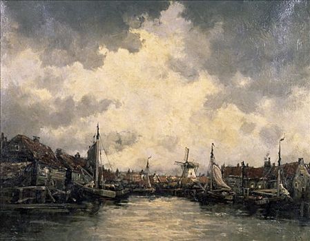 荷兰,港口,城镇,19世纪