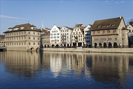 历史,中心,苏黎世,利马特河,市政厅,左边,行会,房子,瑞士,欧洲