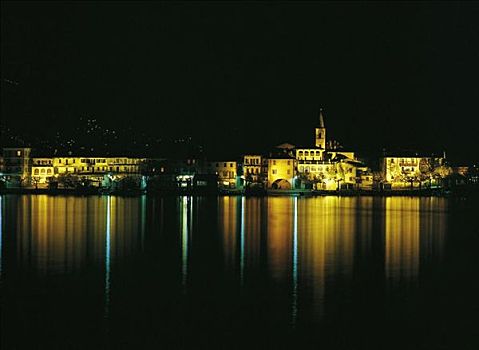 马焦雷湖,岛屿,湖,光亮,夜晚,瑞士,欧洲
