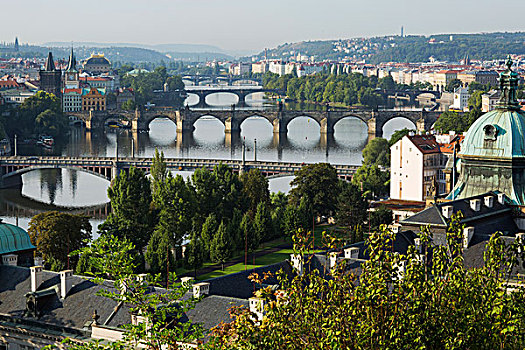 风景,山,上方,伏尔塔瓦河,桥,历史,中心,塔,布拉格,捷克共和国,欧洲