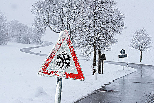 警告标识,雪,途中