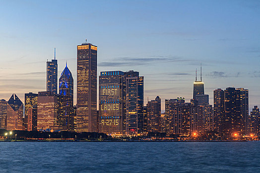 天际线,摩天大楼,密歇根湖,黃昏,芝加哥,伊利诺斯,美国,北美
