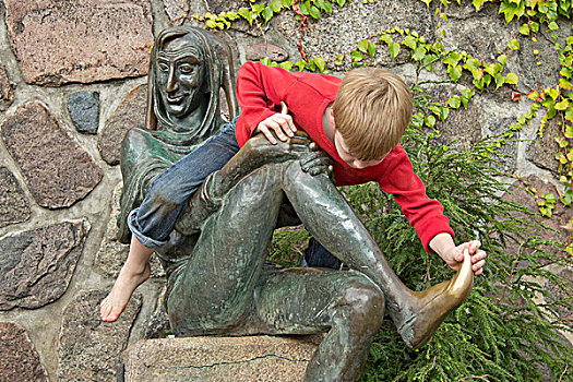 男孩,坐,雕塑,石荷州,德国,欧洲
