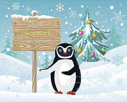圣诞快乐,新年快乐,海报,企鹅,动物,指向,假日,旗帜,问候,冬季风景,极地,冬天,鸟,贺卡,卡通,圣诞树,矢量