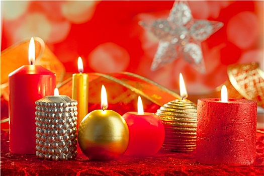 圣诞贺卡,蜡烛,红色,金色,排列