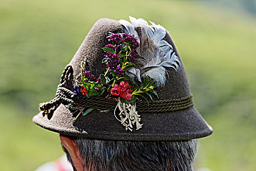 男人,戴着,帽子,装饰,花,节日,高山,萨尔茨堡州,萨尔茨卡莫古特,胜地,区域,奥地利,欧洲