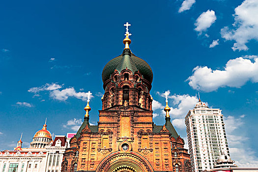 著名,哈尔滨,索菲亚,大教堂,蓝天