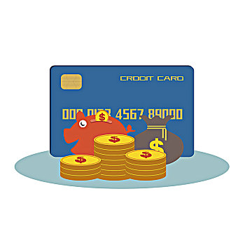 由信用卡与堆叠的金币,小猪储蓄罐,钱袋构图的插画